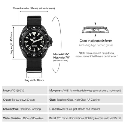 Watchdives WD1980 V3 Watch Vintage VH31 Quartz Movement Stainless Steel Watches Luminous K1 10Bar Waterproof Wristwatch