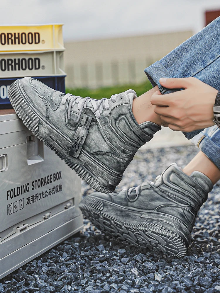 Autumn and winter high top men's shoes fashion trend retro gray children's and young men's parent-child shoes work sports and le