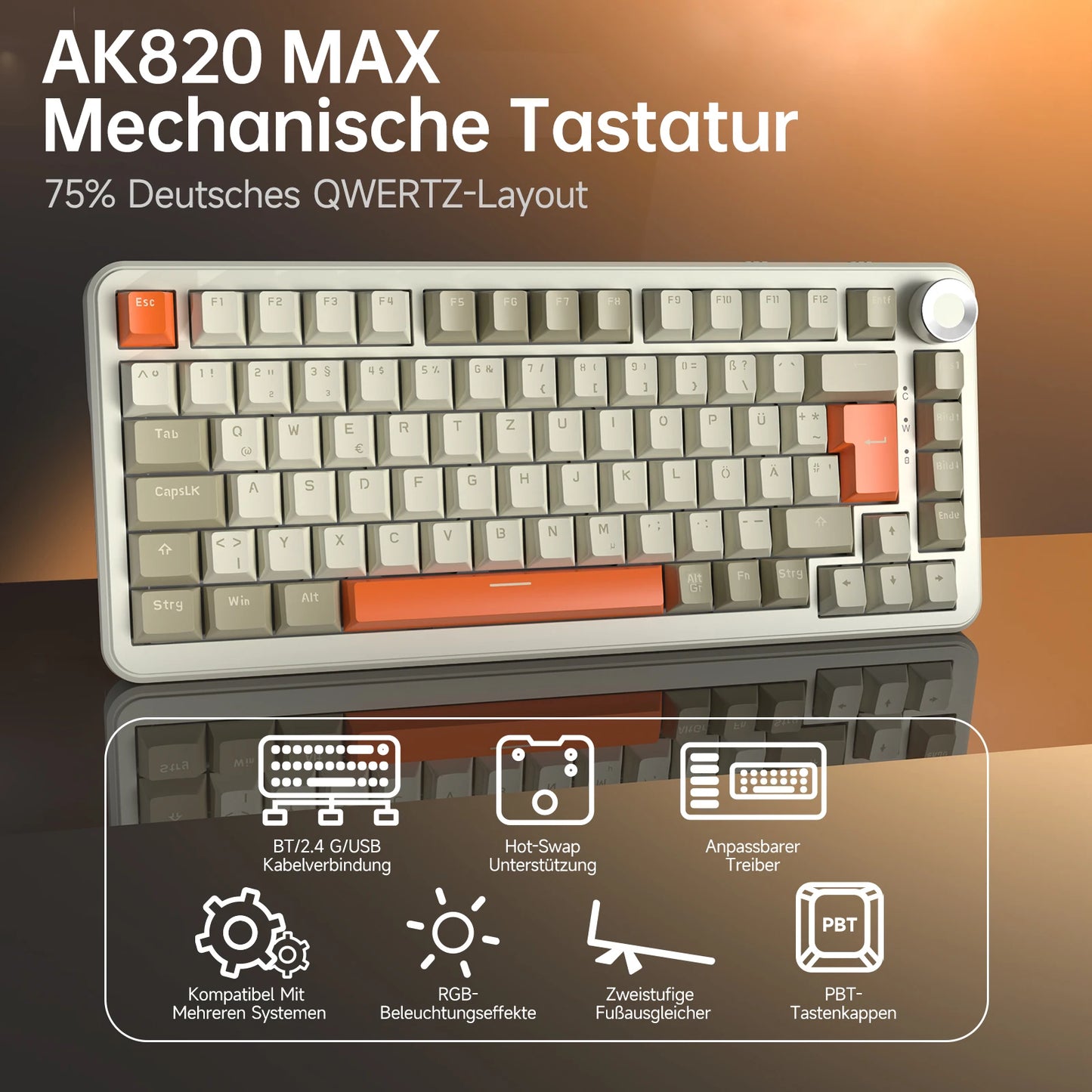 German Version Ajazz Ak820 Gaming Mechanical Keyboard, German Keyboard, ISO-DE Layout Qwertz Hot-Swappable Volume Knob, Holiday Gift