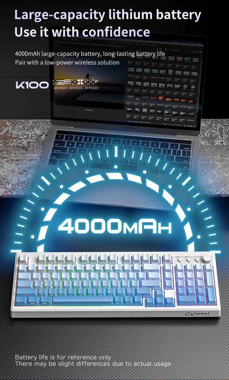 FREEWOLF K100 Wireless Keyboard Quiet with Media Knob|Side-print Backlit|4000mAh|26-Key Rollover Mechanical Feel Keyboard