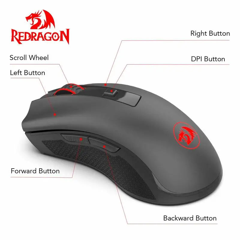 Rato sem fios Redragon M652 Optical 2.4G com recetor USB, rato portátil para gaming e escritório, 5 níveis de DPI ajustáveis
