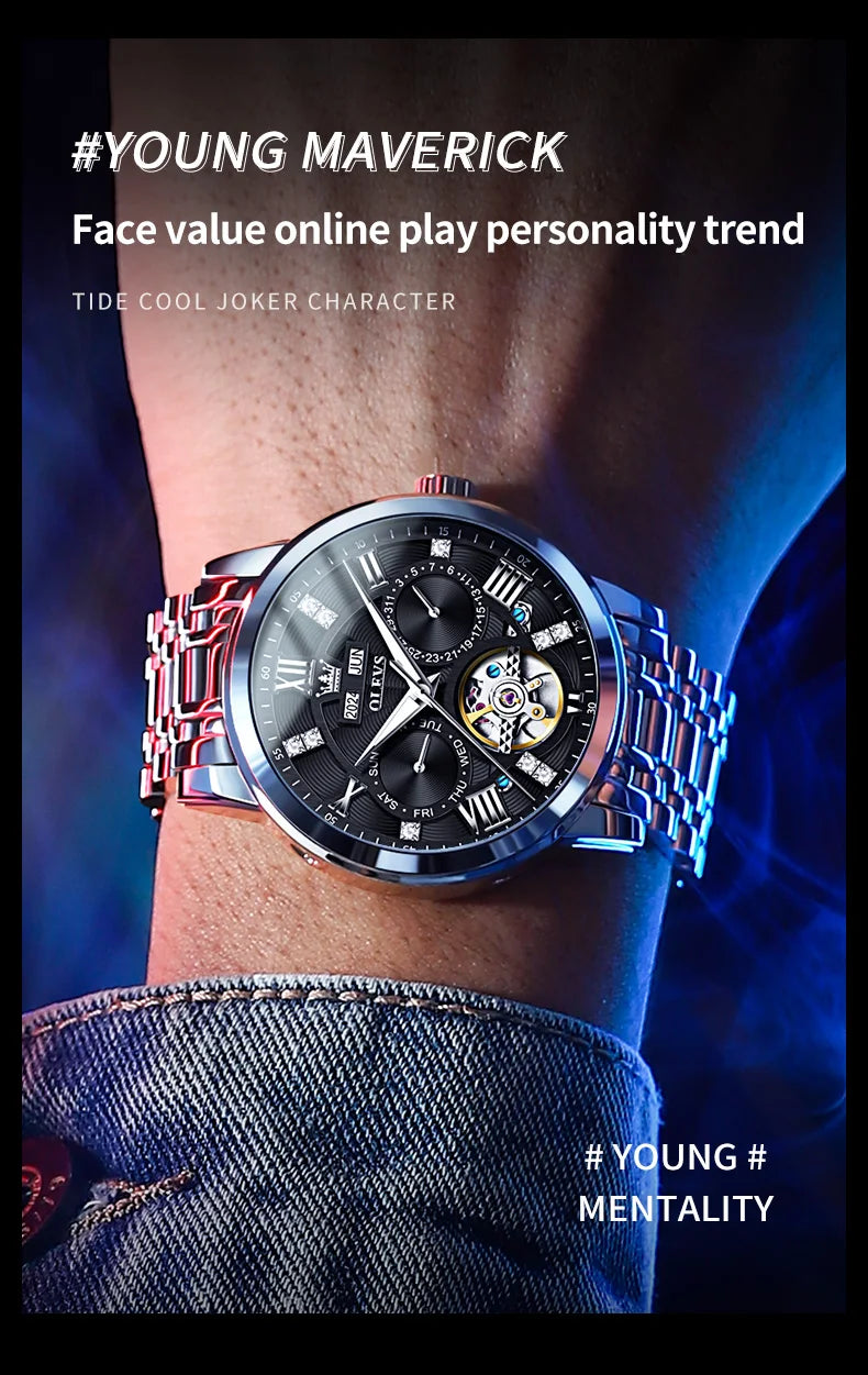 OLEVS 6701 Men's Watch Luxury Waterproof Auto Date Mechanical Watch For Men Hollow Skeleton Diamond Wristwatch Luminous Clock