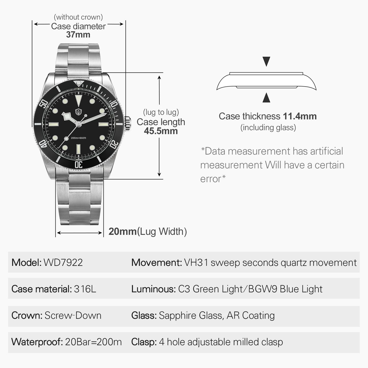 Watchdives WD7922 Quartz Watch VH31 Movement 200m Waterproof Men Watches Sapphire Crystal Luminous Vintage Watches with Gift Box