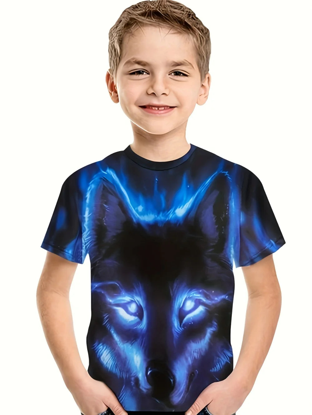 Children's T-Shirt Cool Wolf Pattern Boys' Short Sleeve Tee Summer New Round Neck Children's T-Shirt Fashion Children's Clothing