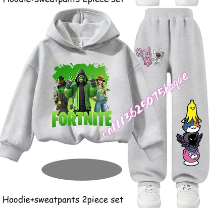 Sweats com Capuz Infantis Estampadas Fortnite, Conjunto Cartoon Confortável de 2 Peças, Tops Largos de Manga Comprida com Calças, Roupa de Outono/Inverno, Presente