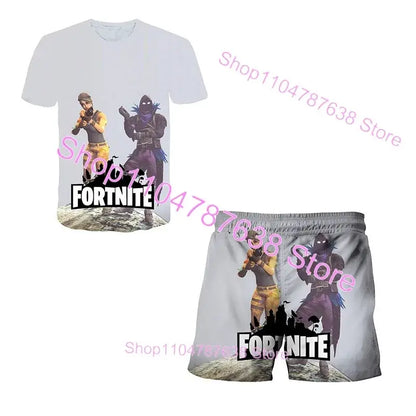 Conjunto Infantil 2 Peças F-Fortnited Victory 3D, T-shirt e Calções para Meninas e Meninos, Roupa Battle Royale, T-shirts Harajuku Hero