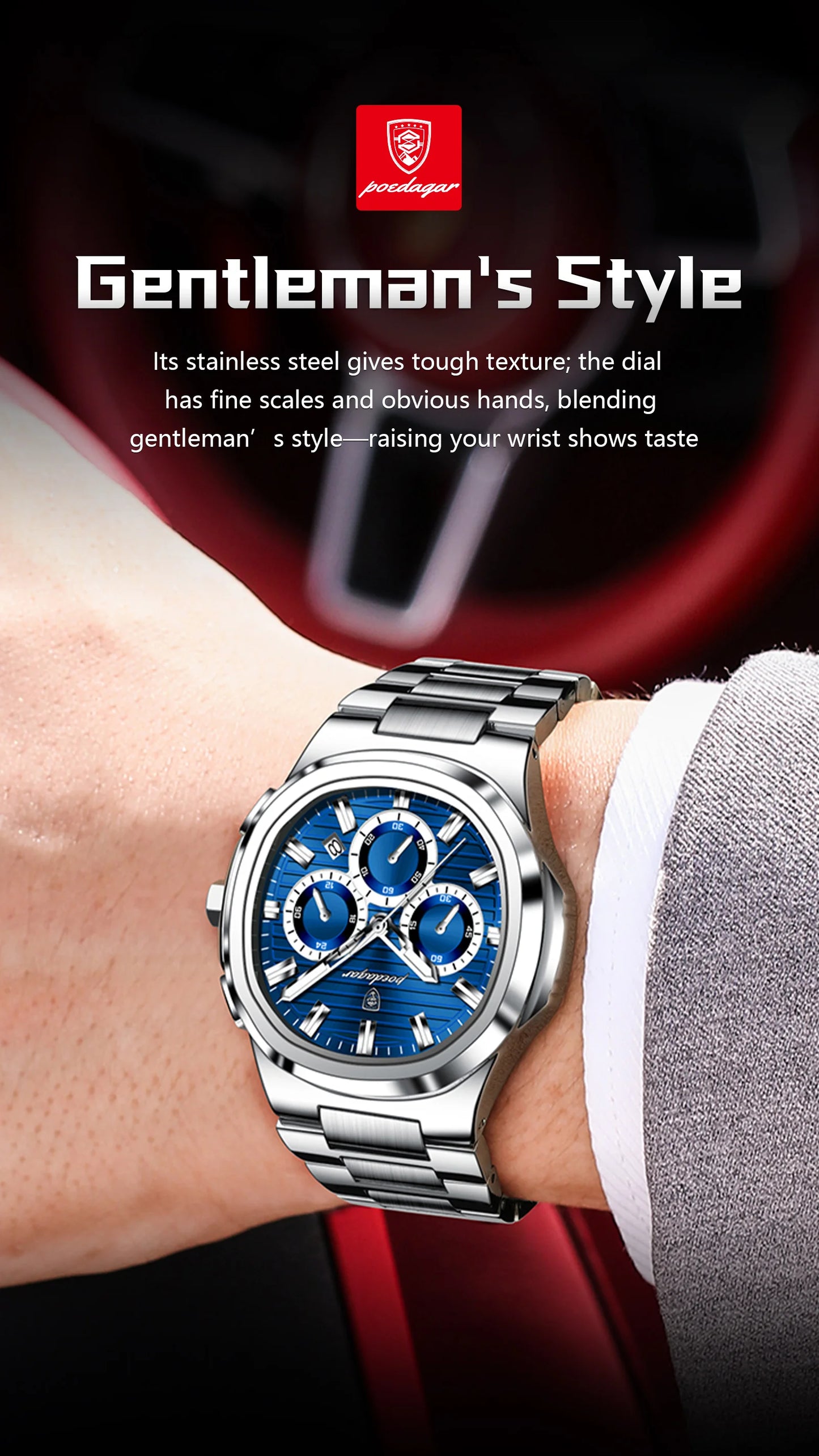 POEDAGAR Business Man Wristwatch Date Chronograph Waterproof Luminous Luxury Men Watch Stainless Steel Quartz Men's Watches Male