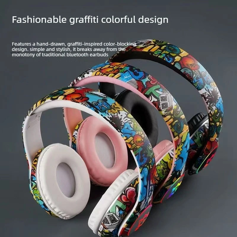 Auscultadores Gaming Bluetooth Sem Fios New Graffiti LX-8686 com Microfone, Iluminação LED, Suporte para Cartão TF, Graves Profundos e Design Over-Ear para PC, Gaming e Crianças