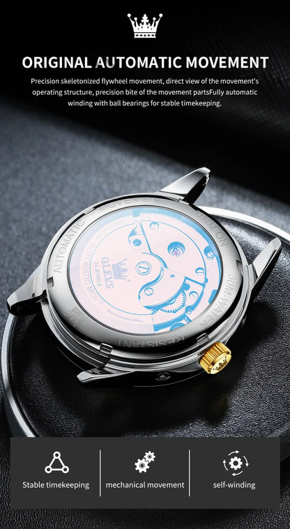 OLEVS 7016 Luxury Automatic Watch Men Skeleton Tourbillon Moon Phase Calendar Waterproof Stainless Steel Mechanical Wristwatch
