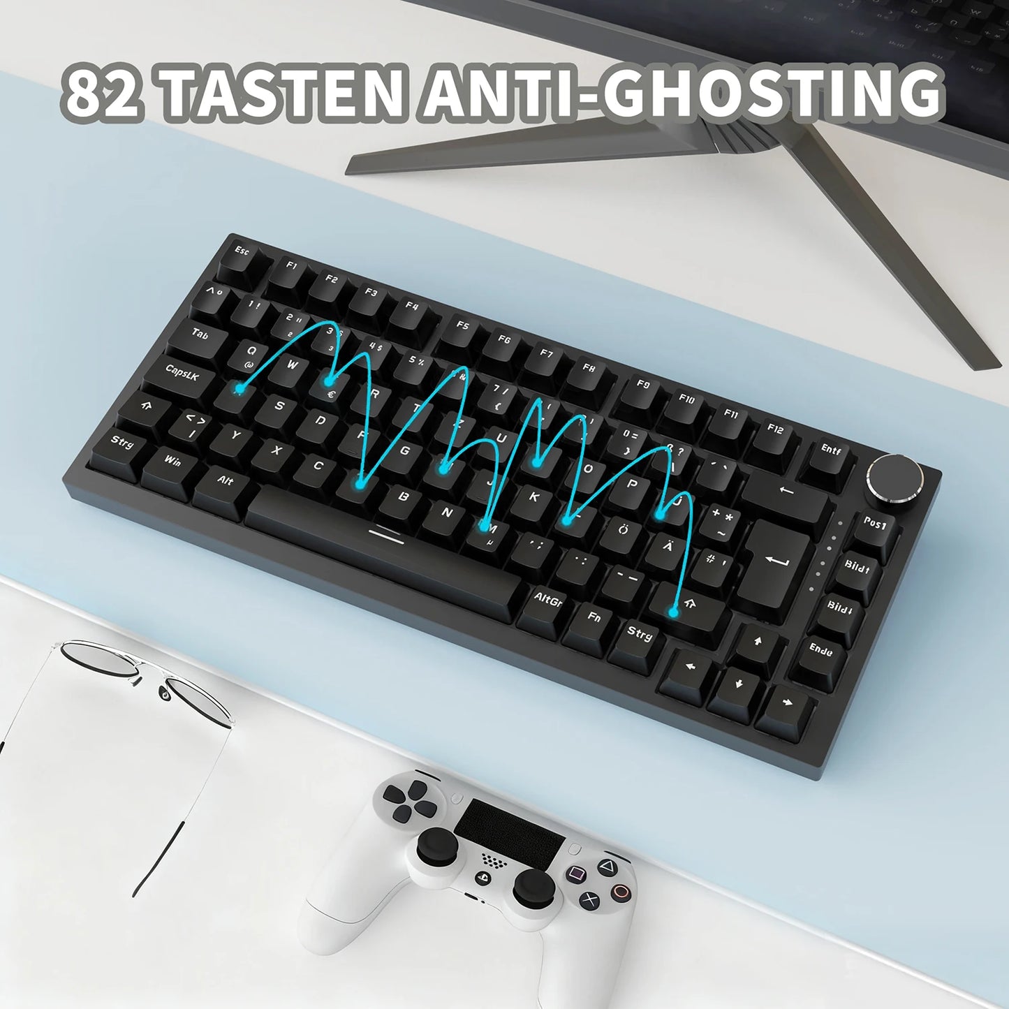 German Version Ajazz Ak820 Gaming Mechanical Keyboard, German Keyboard, ISO-DE Layout Qwertz Hot-Swappable Volume Knob, Holiday Gift