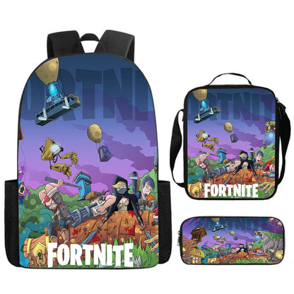Conjunto Fortnite Cartoon de 3 peças, grande capacidade, adequado para rapazes e raparigas dos 5 aos 8 anos, inclui mochila, lancheira e estojo