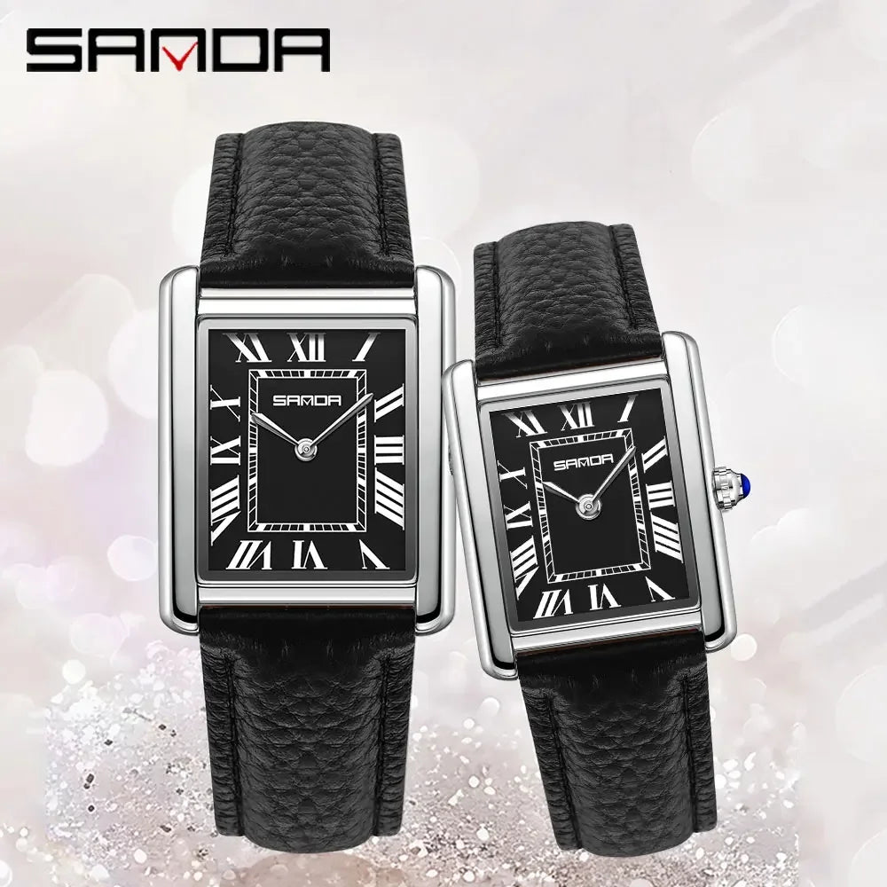 SANDA New Couple Tank Watches Wear Resistant Leather Strap Luxury Square Dial Waterproof Sports Casual Men Women Quartz Watches