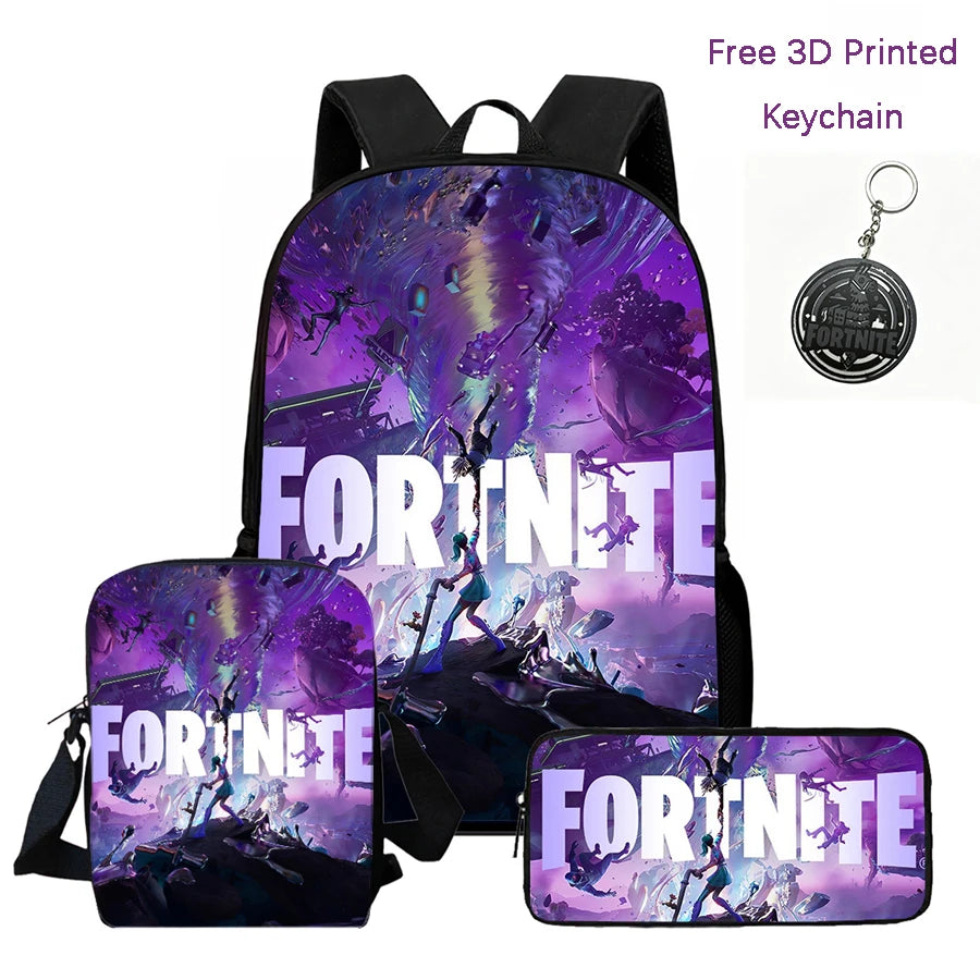 3Pcs Kids Backpack Set, Crossbody & Pencil Bag, FORTNITE Cartoon Bag, Lightweight for Boys Girls 6-10, Free 3D Printed Keychain