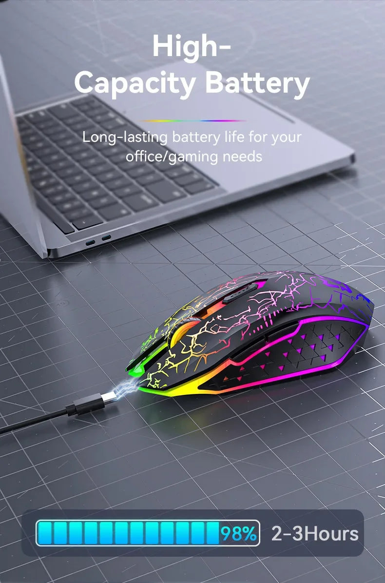Rato Gaming RGB 2.4G sem fios, rato Bluetooth 1600DPI, 6 botões silenciosos, rato ergonómico de modo duplo para escritório, para MacBook e PC