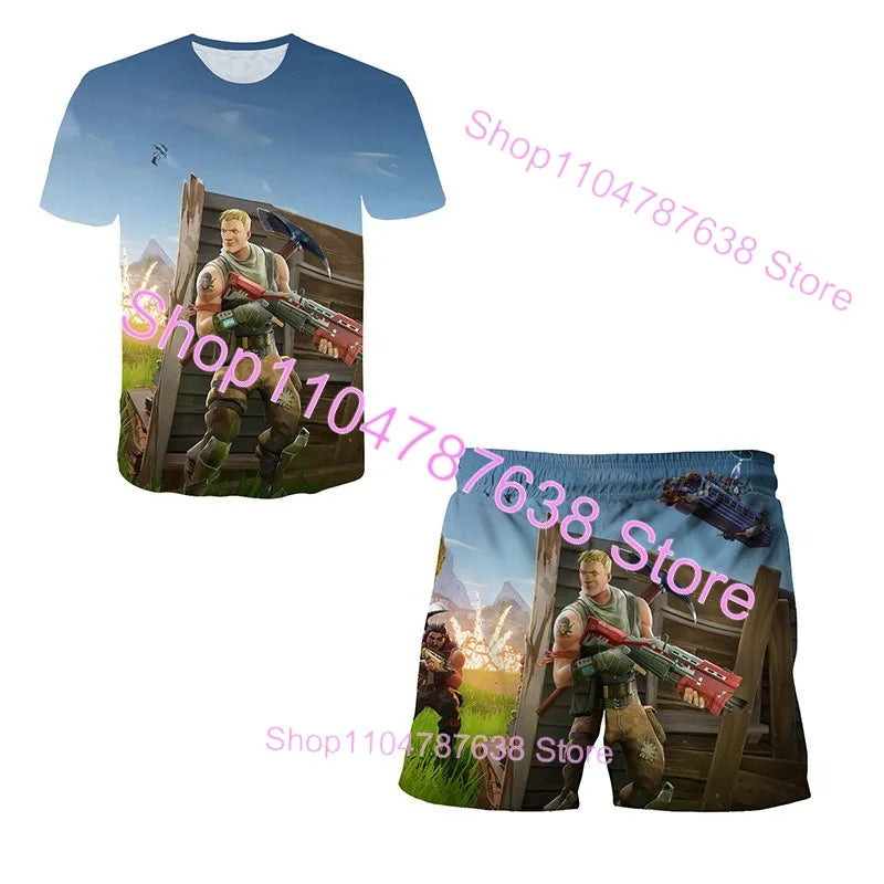 Conjunto Infantil 2 Peças F-Fortnited Victory 3D, T-shirt e Calções para Meninas e Meninos, Roupa Battle Royale, T-shirts Harajuku Hero