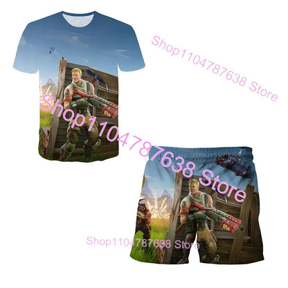Conjunto Infantil 2 Peças F-Fortnited Victory 3D, T-shirt e Calções para Meninas e Meninos, Roupa Battle Royale, T-shirts Harajuku Hero