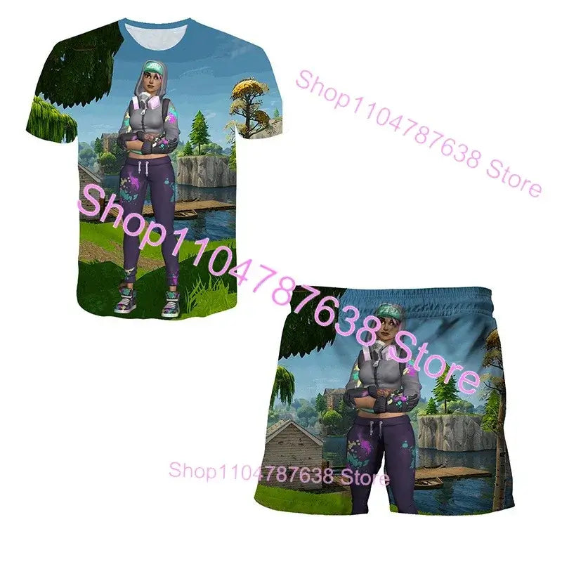 Conjunto Infantil 2 Peças F-Fortnited Victory 3D, T-shirt e Calções para Meninas e Meninos, Roupa Battle Royale, T-shirts Harajuku Hero