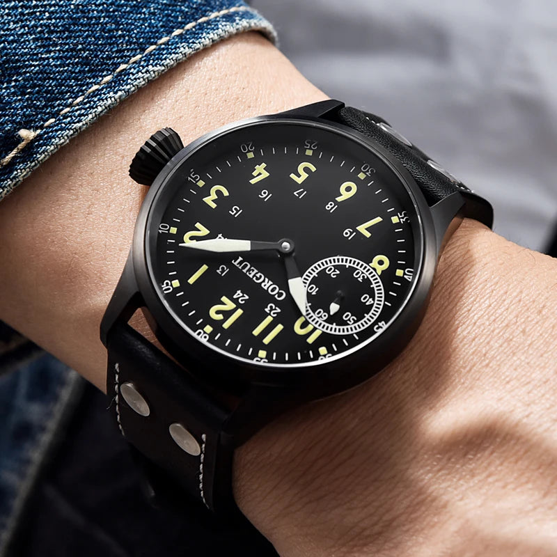 Corgeut Seagull ST3600 17 Jewelry 44mm Mechanical Watch Hand Wound Sapphire waterproof Watch Sports Leather Luxury 6497 Watch