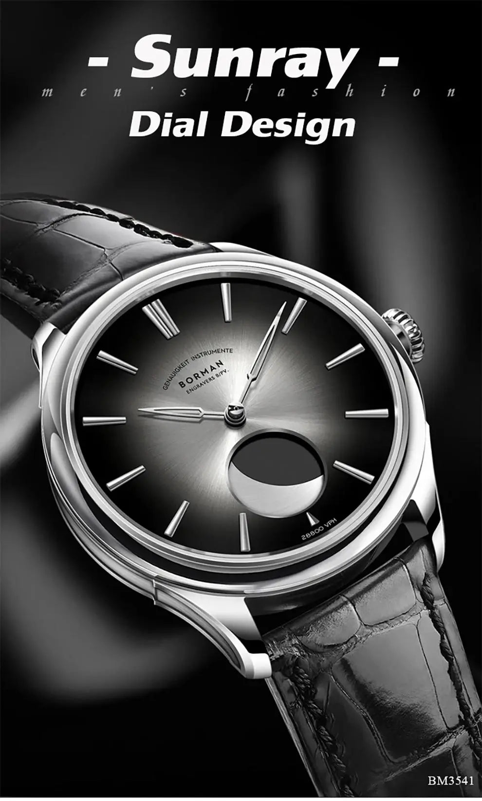 BORMAN 41.5mm 5ATM Waterproof Mechanical Watches Moon Phase Luxury Designer Men Dress Automatic Wristwatch