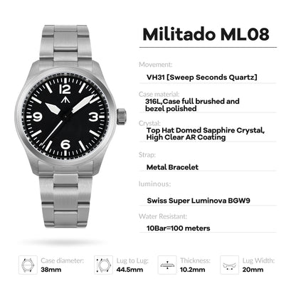 Relógio de Quartzo Vintage Militar Militado ML08 V2 com Movimento VH31, Vidro Duplo de Safira, Luminescência C3 BGW-9, Impermeável, 38mm