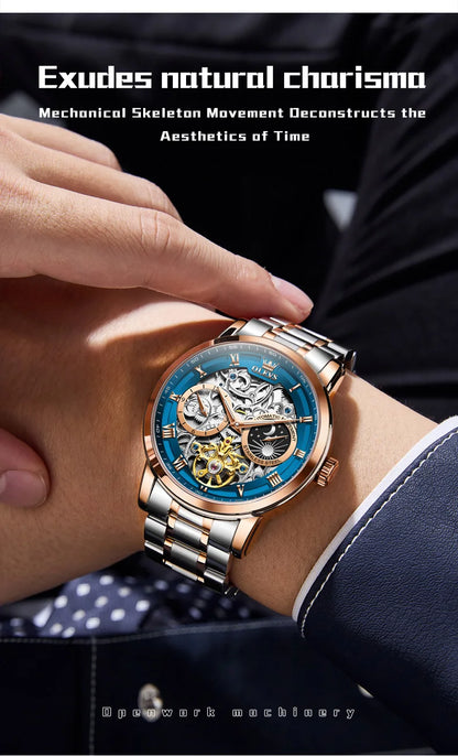 OLEVS 6670 Mens Watch Luxury Brand Skeleton Mechanical Watch Moon Phase Stainless Steel Watches For Man Gifts Box High Quality
