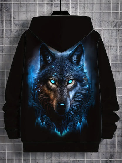 Camisola desportiva com capuz para homem, moda outono 2025, macia e confortável, com estampado de lobo, para exterior e estilo urbano