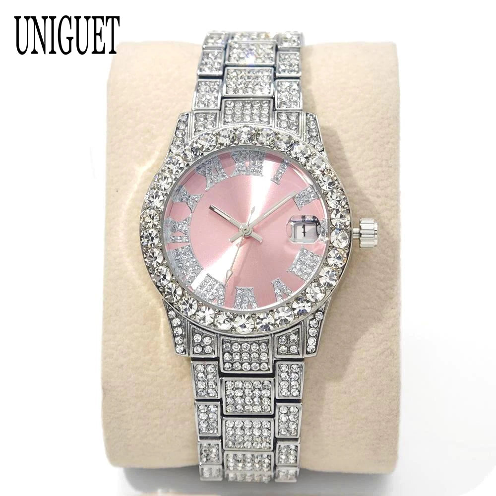 Hot Fashion Luxury Brand UNIGUET Womens Watch Elegant Pink Diamond Small Dial BlingBling Quartz Ladies Mini Iced Wristwatch Gift