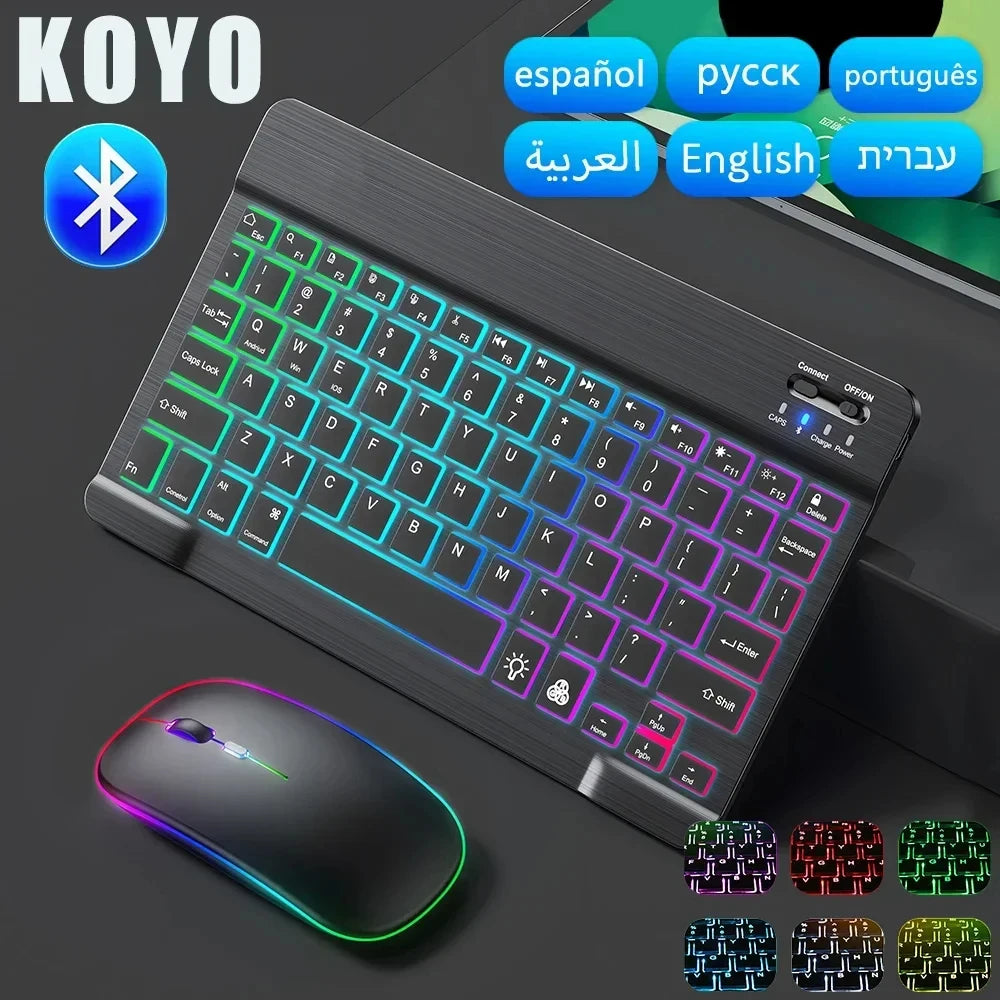 Mini Backlit RGB 10-inch Bluetooth Keyboard Wireless Mouse Rechargeable for Spanish Russian Hebrew Korean French Arabic Portuguese