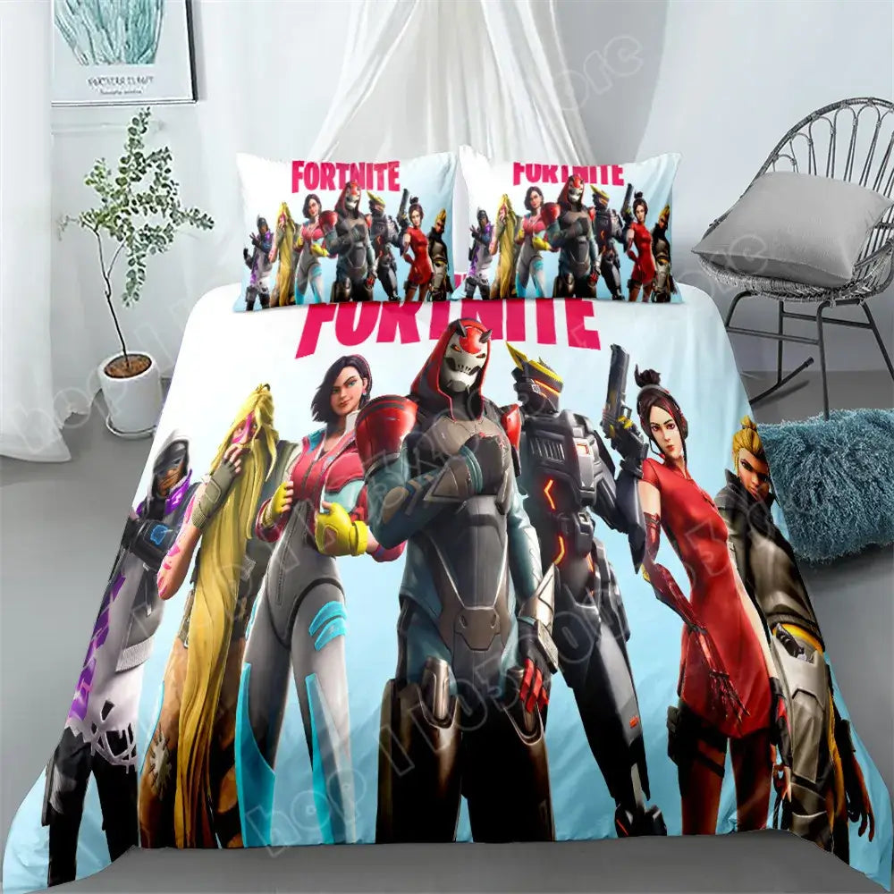 Set de lenjerie de pat Fortnite, 3 piese, imprimare 3D, lenjerii pentru dormitor, joc, desen animat, lenjerie decorativă, husă de pilotă, față de pernă, cadou de ziua de naștere