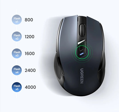 Mouse wireless UGREEN Bluetooth 5.0 ergonomico 4000DPI con 6 pulsanti silenziosi per MacBook, tablet, laptop, computer e PC, mouse 2.4G