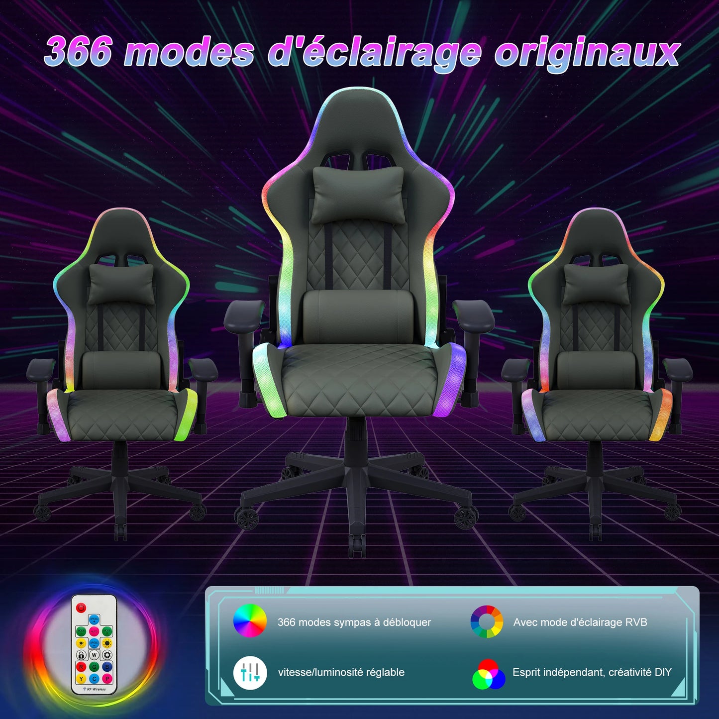 Gaming Chair with Massage Function, Adjustable Backrest, Computer Chair, with Ambient Light, Lumbar Cushion, Pillow, 150 KG