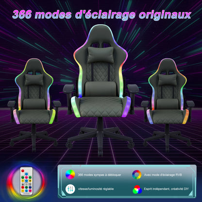 Gaming Chair with Massage Function, Adjustable Backrest, Computer Chair, with Ambient Light, Lumbar Cushion, Pillow, 150 KG