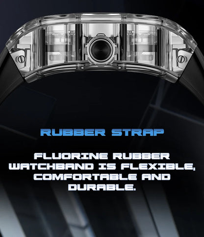 BONEST GATTI New Fully Automatic Men Watch Skeleton Mechanical Watch Rubber Black Band Luminous Barrel Shaped Men Watch