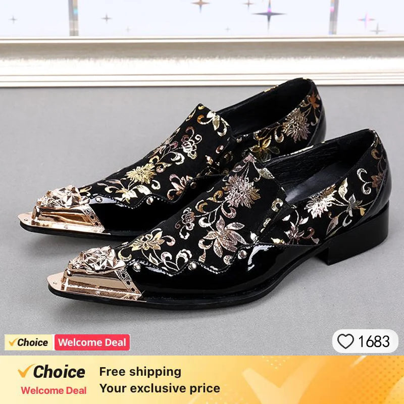 Men Luxury White Gold Metal Toe Oxford Elegant Loafers Slip On Dress Shoes Formal Wedding Party PU Leather Shoes Size 38-46