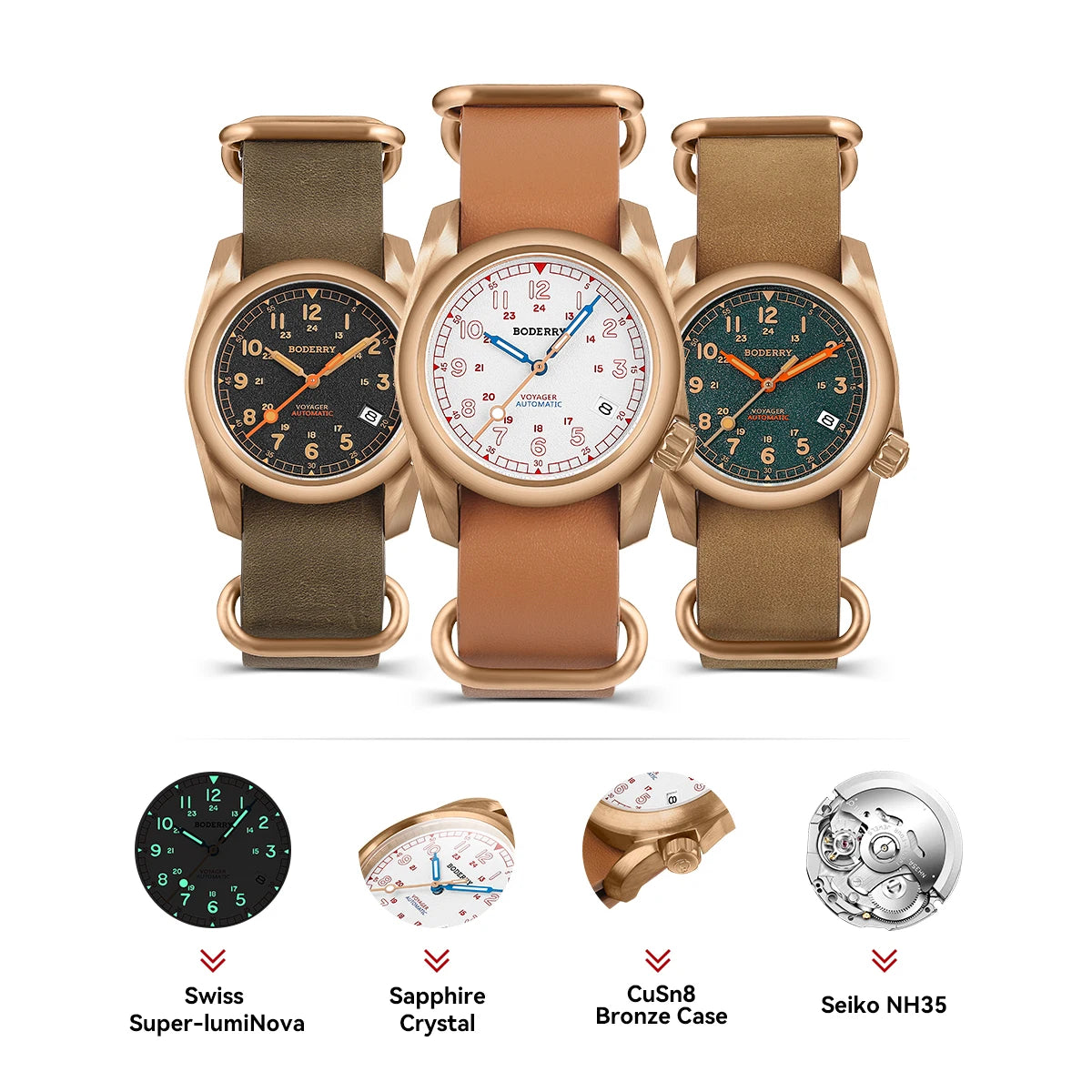 Boderry VOYAGER Field Watches Bronze Case Automatic For Seiko NH35 Watch 100M Waterproof Clock Military Vintage Wristwatch Mens