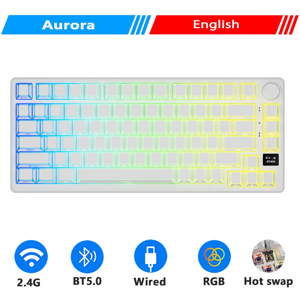RK ROYAL KLUDGE M75 2.4G Wireless/Bluetooth/USB-C Mechanical Keyboard 81 Keys RGB Hot-Swappable Gasket Gamer Keyboard with Screen