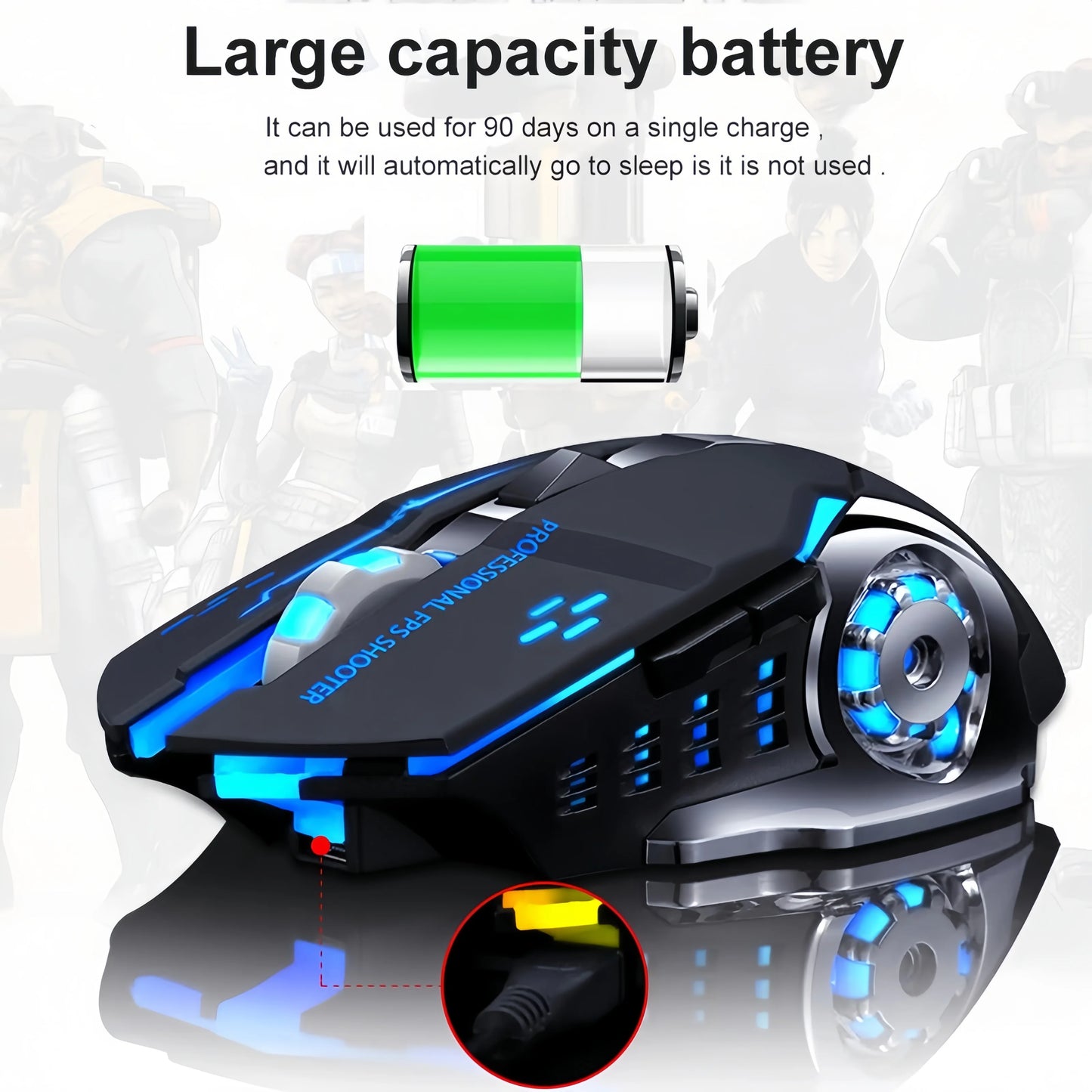 Rato Gaming Sem Fios Recarregável – Bluetooth/USB Silencioso, Retroiluminação RGB, E-Sports para PC