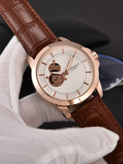 Automatic Watch Minimalist Elegant Everyday Skeleton Waterproof Mechanical Watches Rose Gold Leather Mens Watch Men Gift for Him