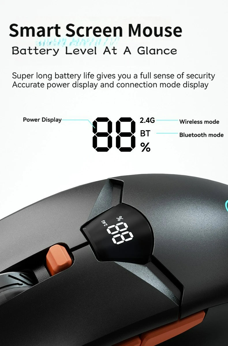Rato sem fios 2.4G Bluetooth com ecrã de visualização, bateria de grande capacidade de 600mAh e botões de toque leve para gaming e escritório