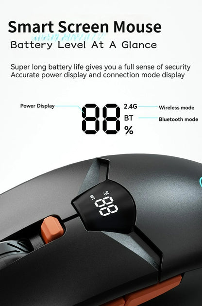 Rato sem fios 2.4G Bluetooth com ecrã de visualização, bateria de grande capacidade de 600mAh e botões de toque leve para gaming e escritório