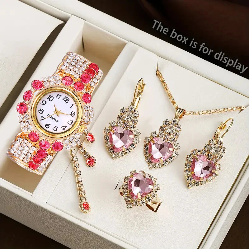 5PCS Luxury Rhinestone Women Watches Jewelry Set Fashion Adjustable Bangle Ladies Quartz Wristwatch Reloj Mujer（Without Box）