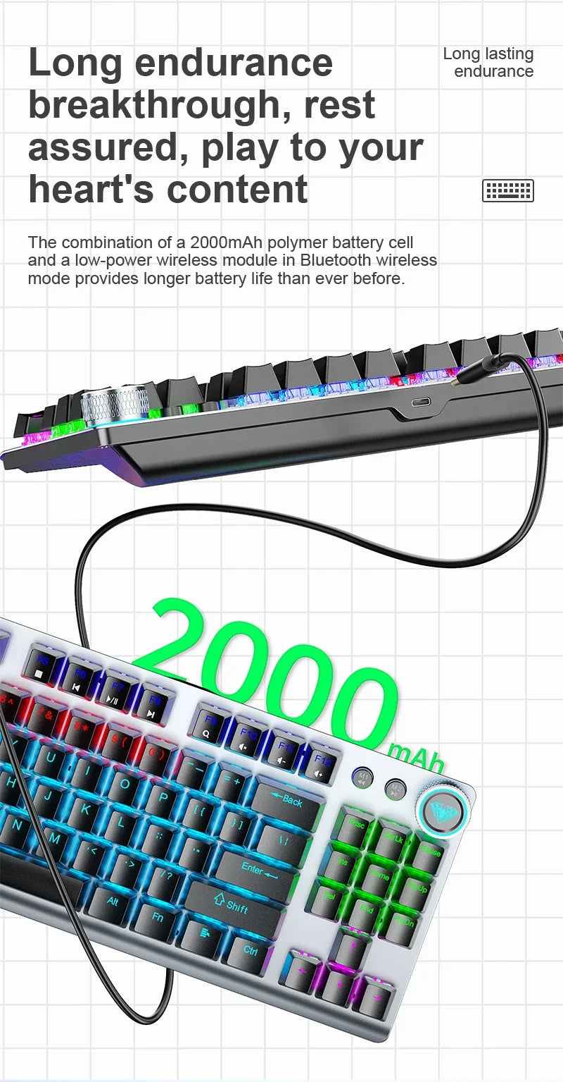 AULA F3001 Mechanical Keyboard Bluetooth Wireless Three Mode Metal Panel Two-color Injection Molding Cool Backlight Effect 87 Key