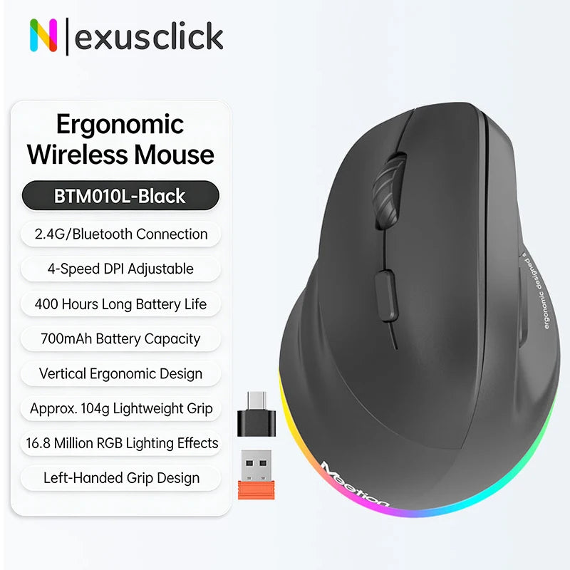iMice Left Hand Wireless Mouse Bluetooth Ergonomic Mouse, Rechargeable Silent Vertical Mouse, 2400 DPI Bluetooth & 2.4G Wireless Mouse for PC, Laptop & MacBook