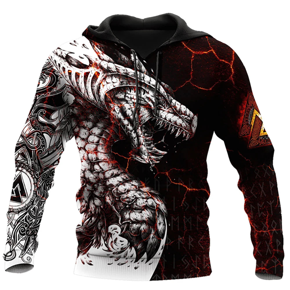 Felpa con cappuccio unisex da uomo con maniche lunghe, stampa 3D drago tatuaggio, autunno inverno, streetwear casual a pullover