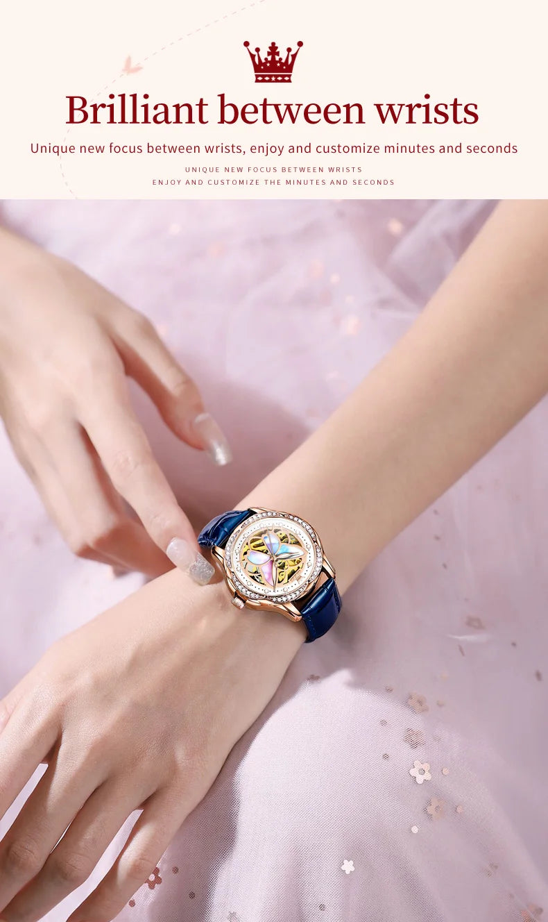 OLEVS 6615 Top Original Automatic Mechanical Wrist Watch for Women Luxury Elegant Diamond Hollow Colorful Butterfly Ladies Watch