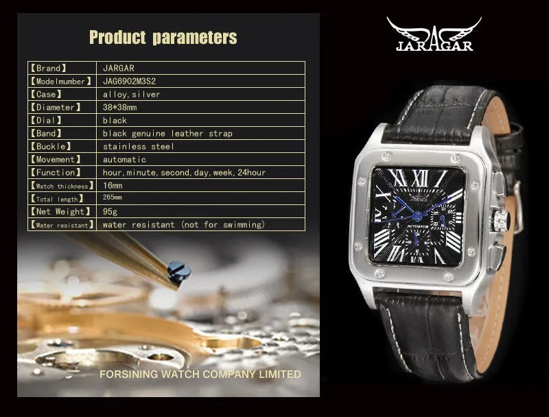 Fashion Jaragar Top Brand Men's Stylish Casual Skeleton Automatic Watch Multifunction Genuine Leather Strap Square Dial Business