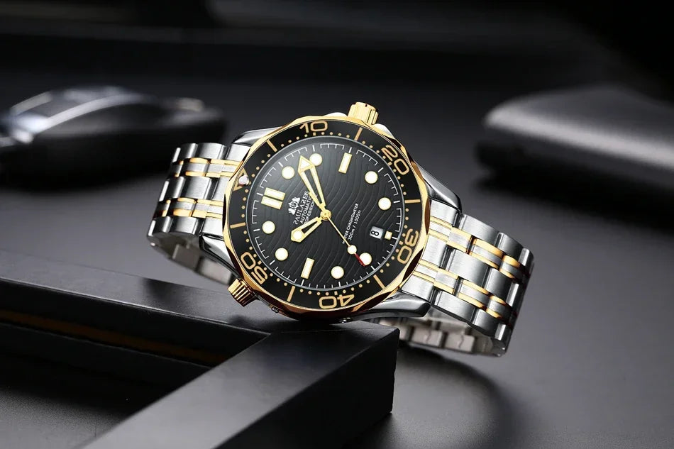 Automatic Mens Watch Mechanical Self Wind Movement Stainless Steel Casual Yellow Gold Silver Blue Master Wave Fashion Watches
