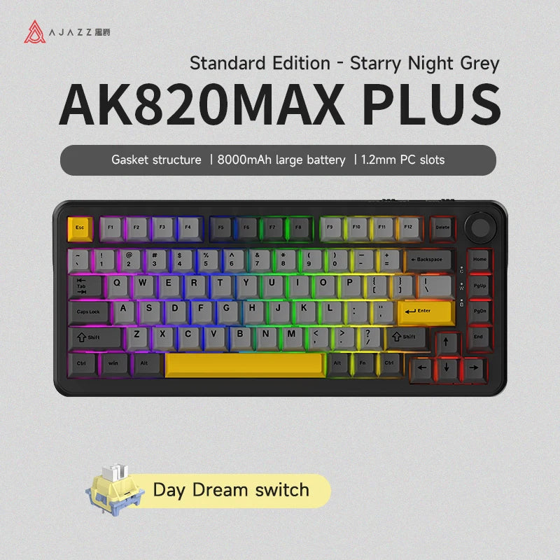 AJAZZ AK820 MAX PLUS Tri-mode TFT Screen Gaming Keyboard 8000mAh dual system hot swap FR4/PC Plate Volume Knob
