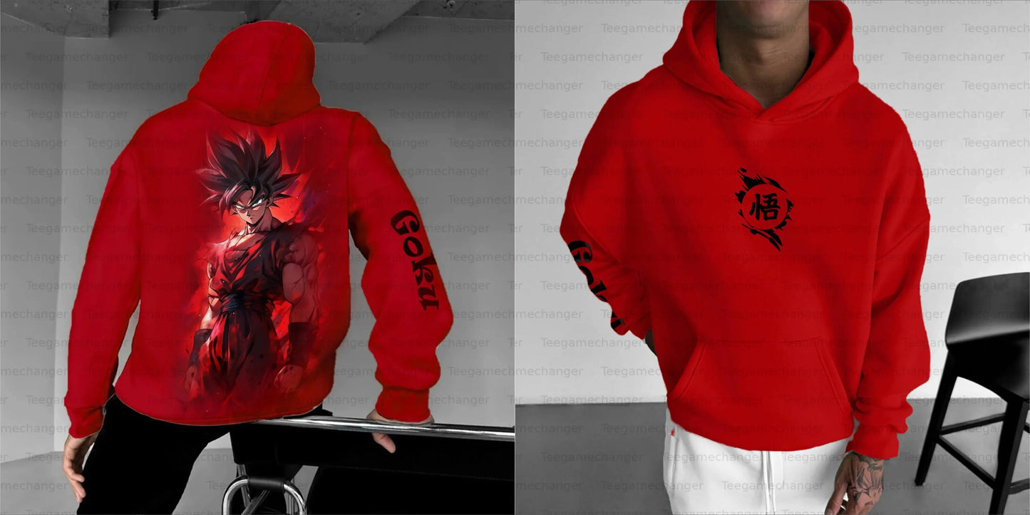 DRAGON BALL Goku Red Hoodie and Jogger Pants Set Men Women Anime Character Print Two Piece Outfit with Black Wu Kanji Design