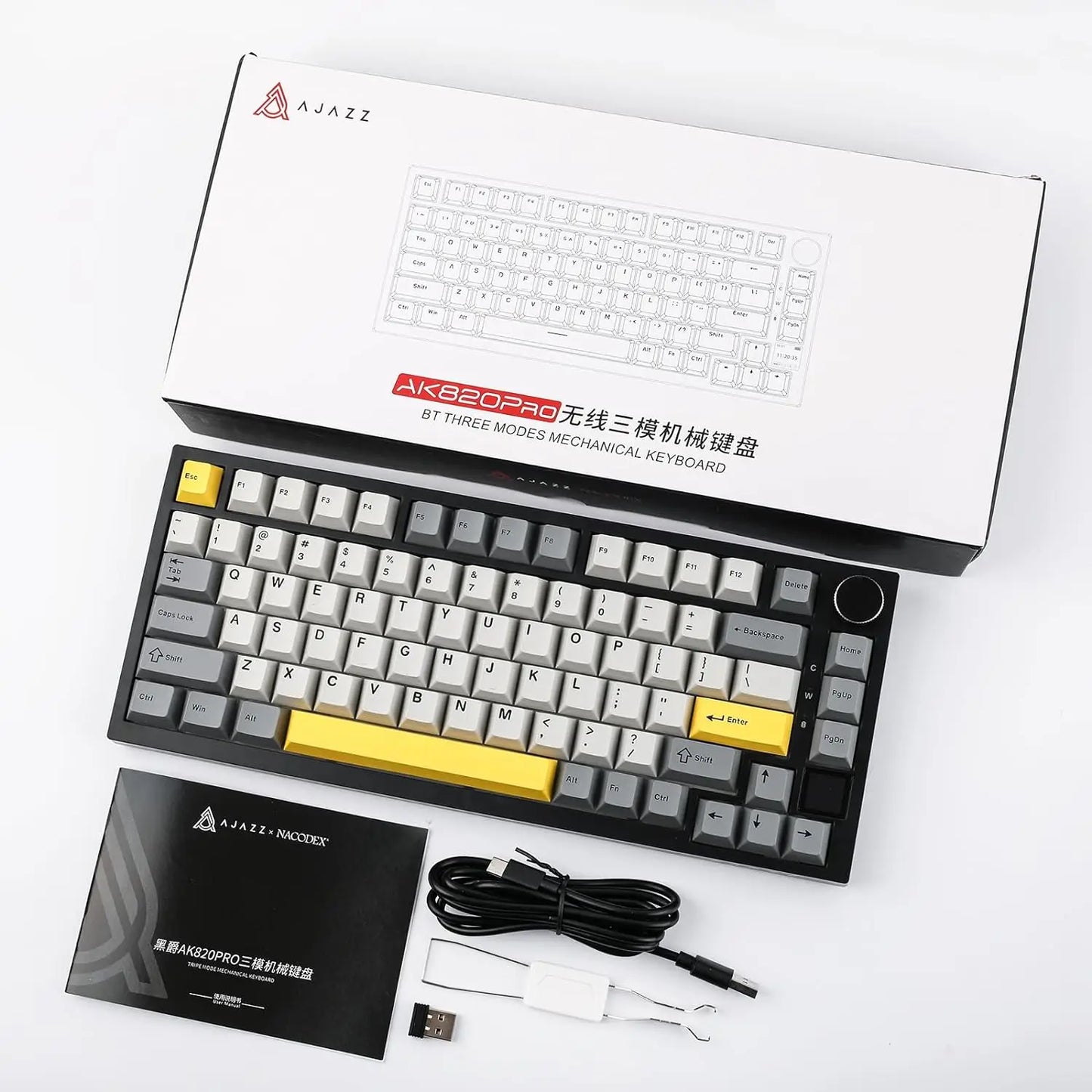 Ajazz AK820 Pro Gaming Mechanical Keyboard 75% Bluetooth/Wireless Customized Gamer Keyboard with TFT Color Screen Knob for PC